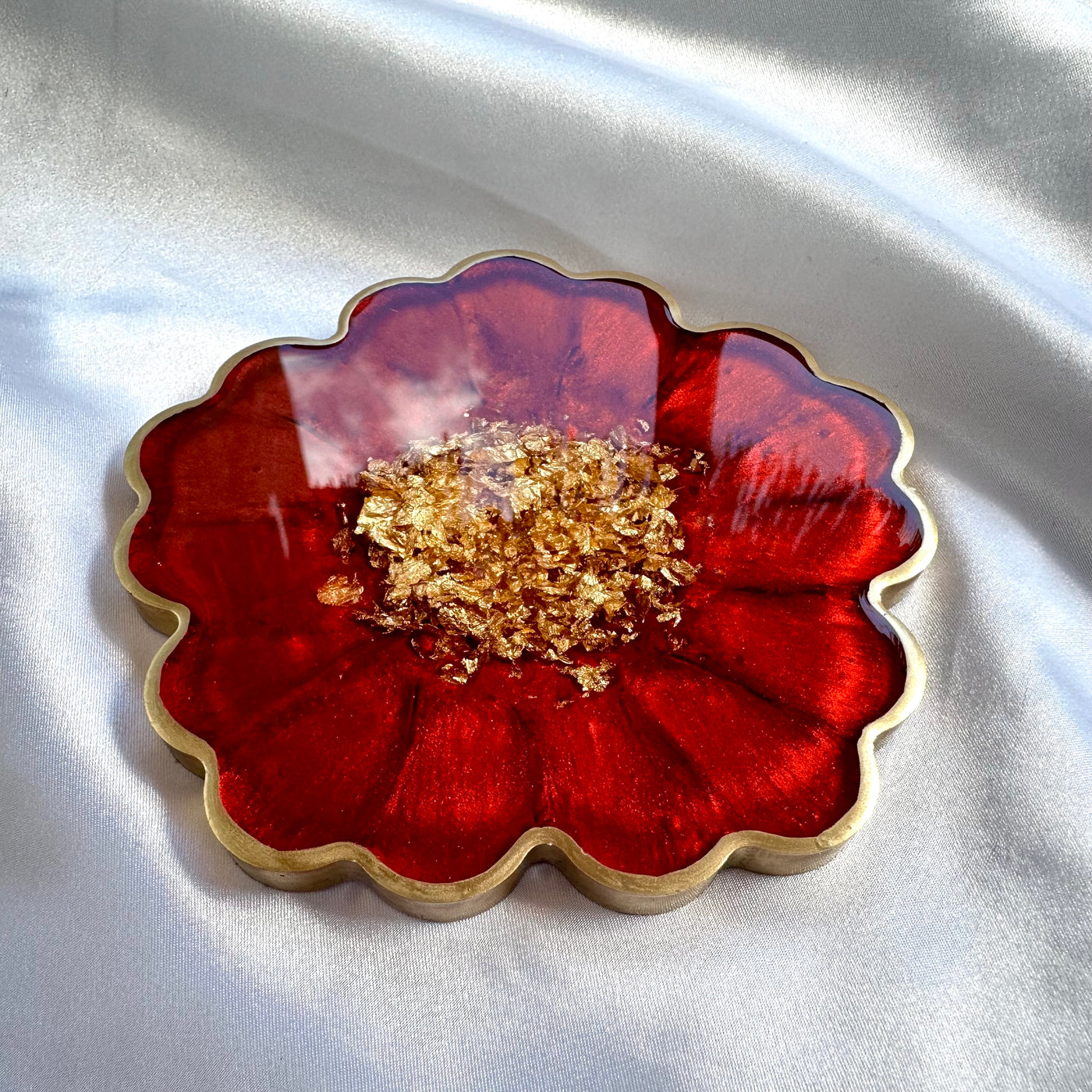 Crimson Cherry Red and Gold Leaf Accented Flower Resin Coasters Set- Jasmin Renee Art