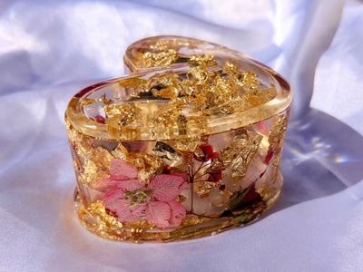 Handmade Gold Rose Resin Heart Trinket Box - Jasmin Renee Art