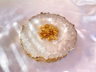 Handmade Pearlescent White and Gold Crushed Glass Elegant Large Resin Geode Coasters with Gold Accented Rim Edges - Jasmin Renee Art - Two Coasters Stacked