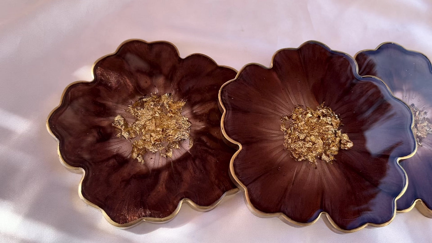 Handmade Chocolate Brown Mocha and Gold Flower Resin Shaped Coasters Set - Jasmin Renee Art - Three Coasters Video Gold Rim Edges