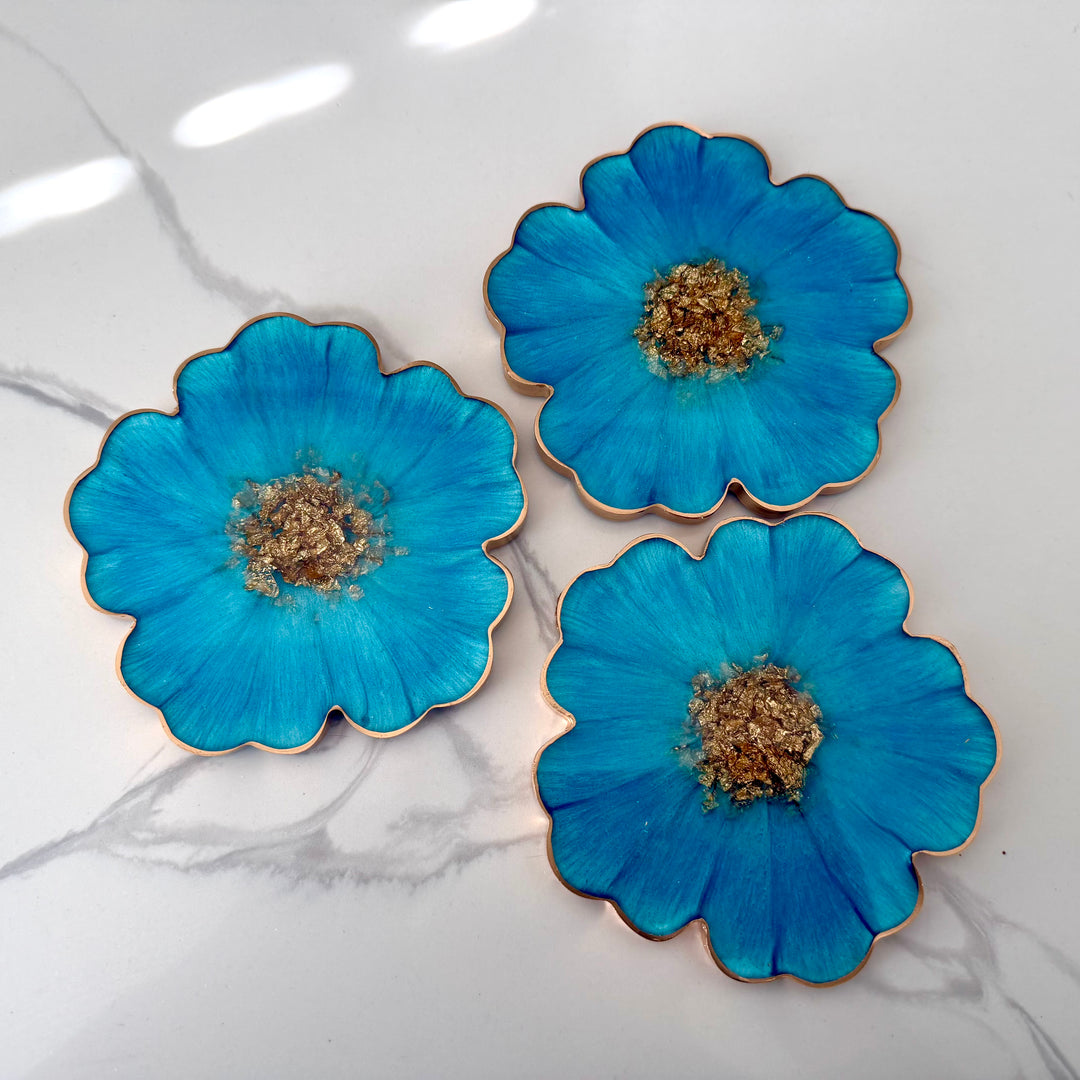 Caribbean Cerulean Blue and Gold Flower Shaped Coasters