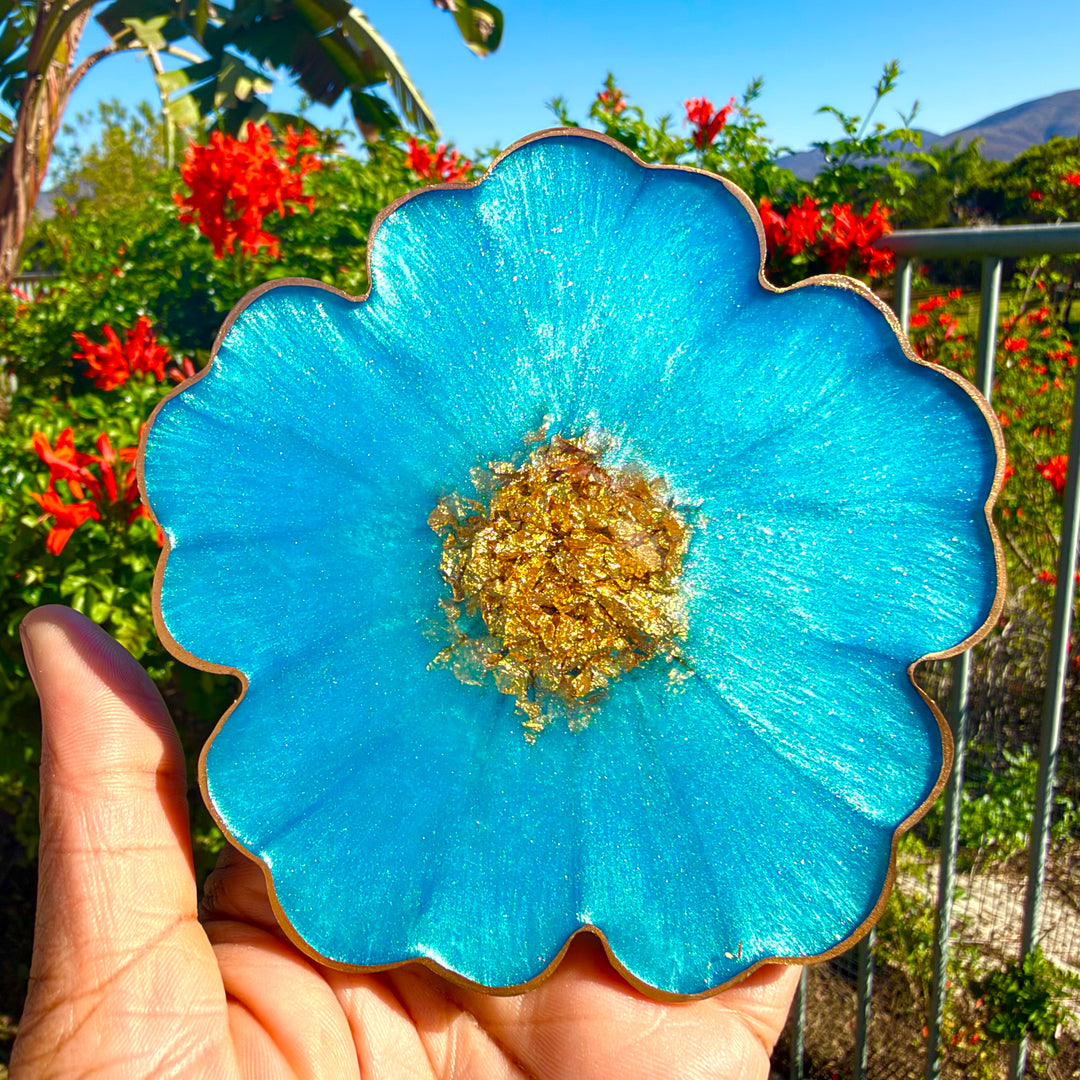 Caribbean Cerulean Blue and Gold Flower Shaped Coasters