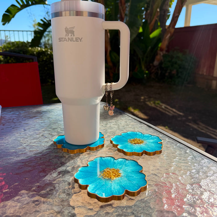 Caribbean Cerulean Blue and Gold Flower Shaped Coasters