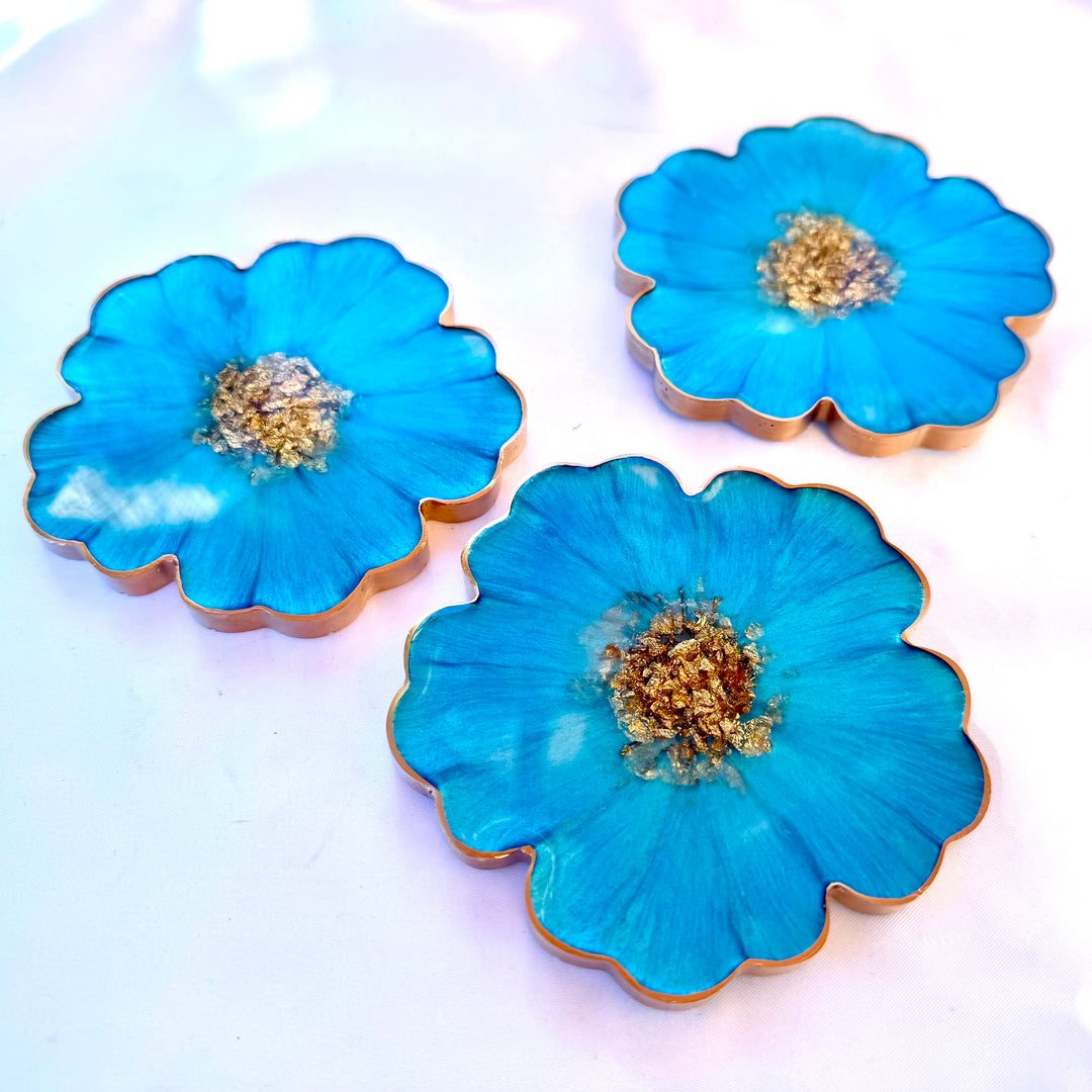 Caribbean Cerulean Blue and Gold Flower Shaped Coasters
