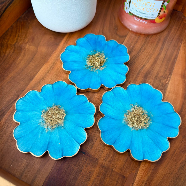 Caribbean Cerulean Blue and Gold Flower Shaped Coasters