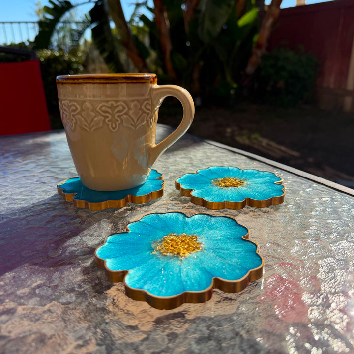 Caribbean Cerulean Blue and Gold Flower Shaped Coasters
