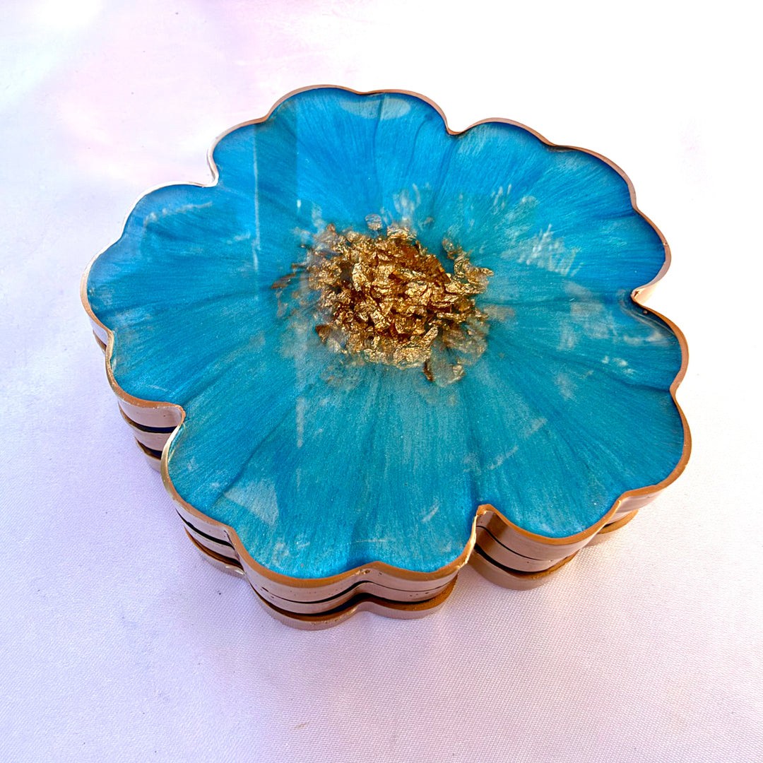 Caribbean Cerulean Blue and Gold Flower Shaped Coasters