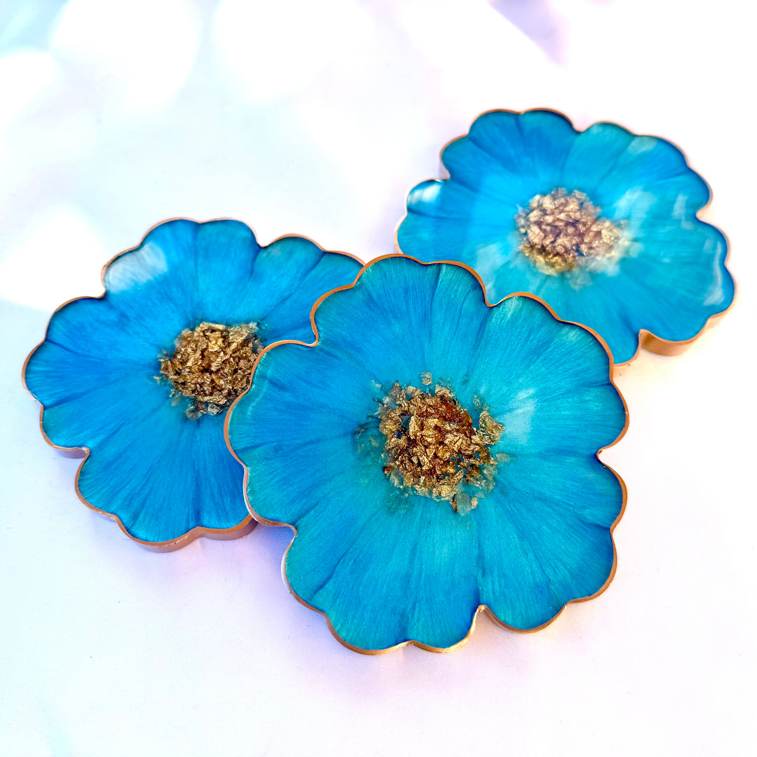 Caribbean Cerulean Blue and Gold Flower Shaped Coasters