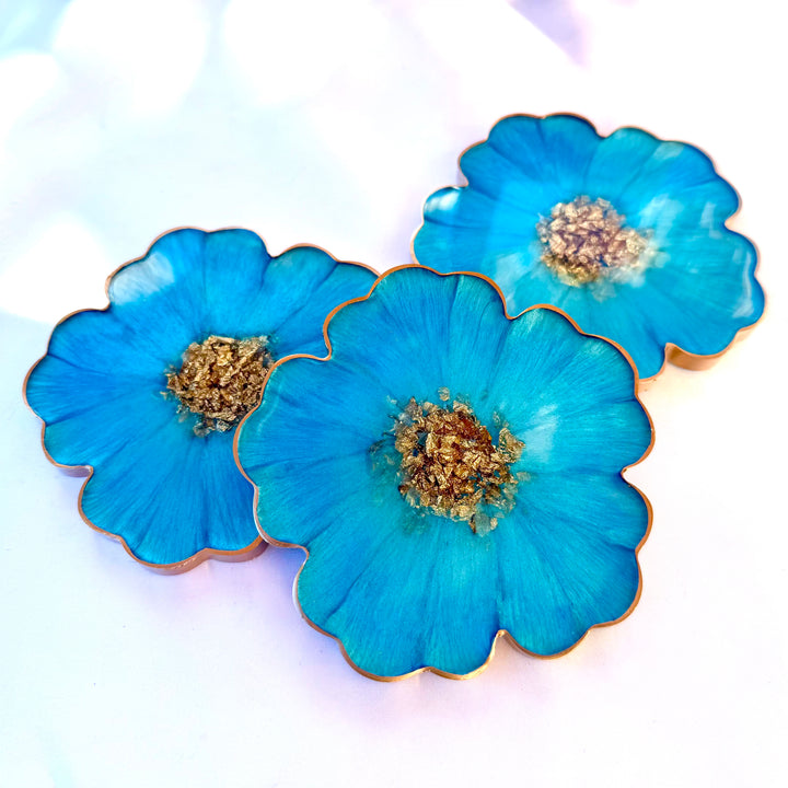 Caribbean Cerulean Blue and Gold Flower Shaped Coasters