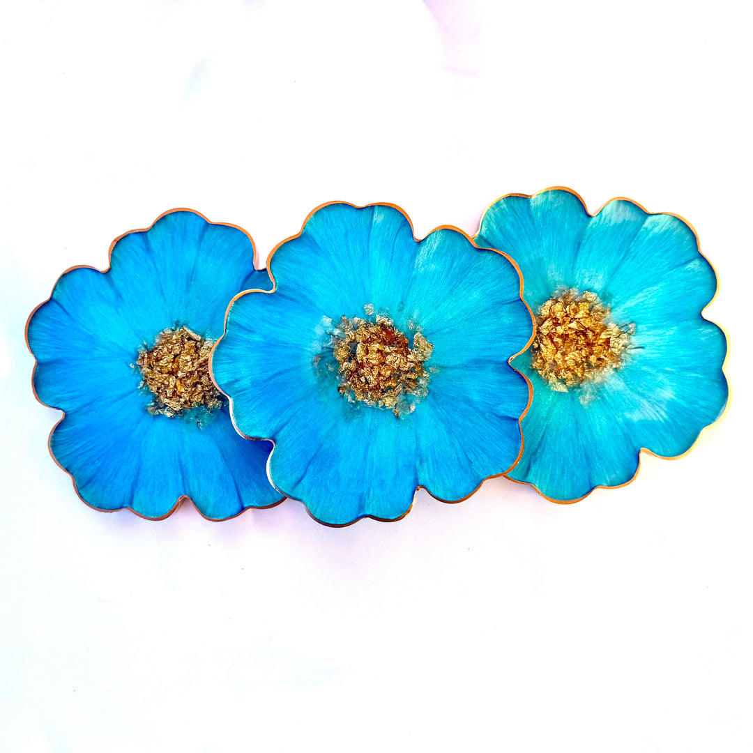 Caribbean Cerulean Blue and Gold Flower Shaped Coasters