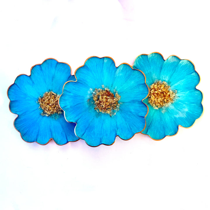 Caribbean Cerulean Blue and Gold Flower Shaped Coasters