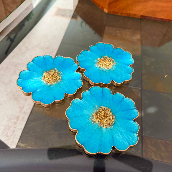 Caribbean Cerulean Blue and Gold Flower Shaped Coasters