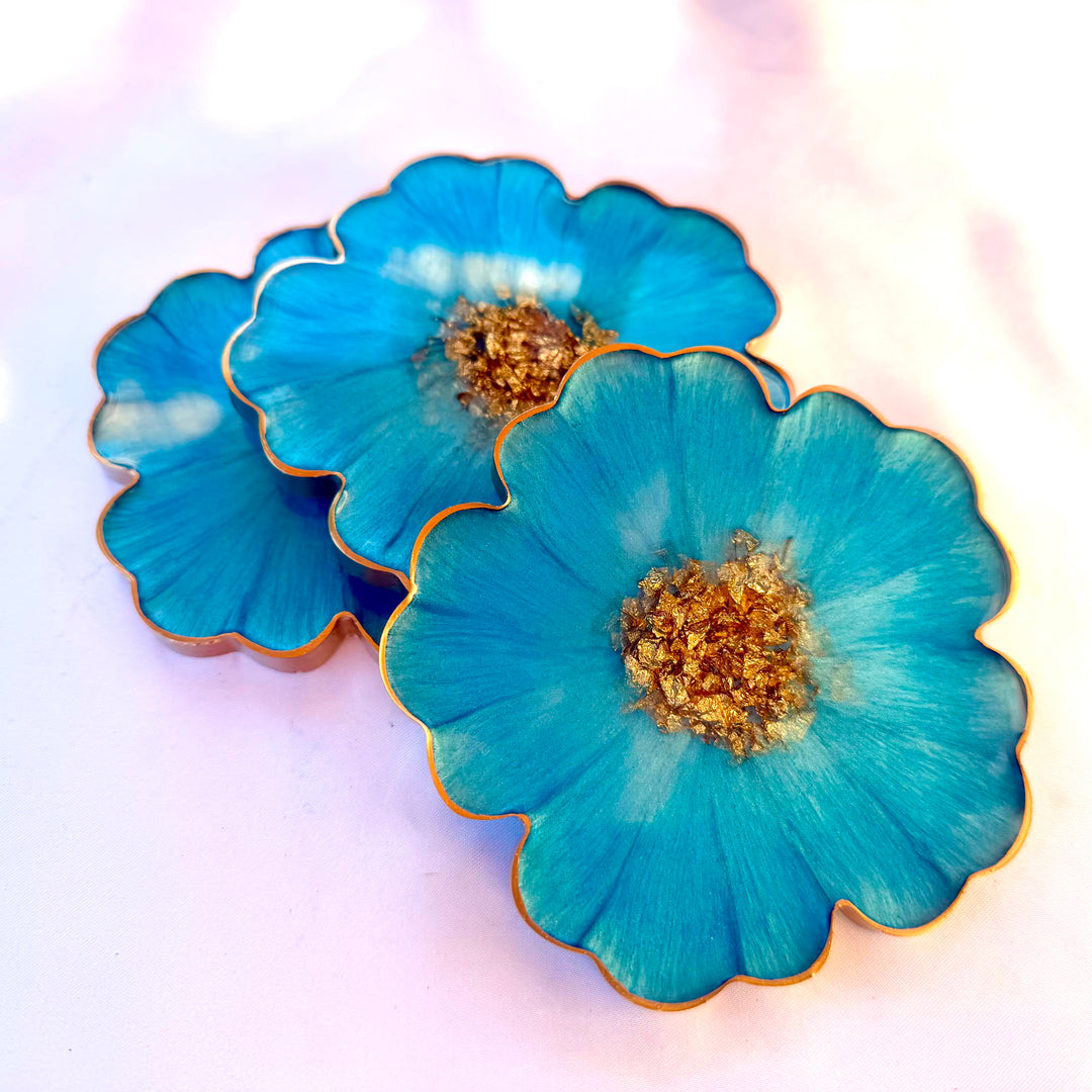 Caribbean Cerulean Blue and Gold Flower Shaped Coasters