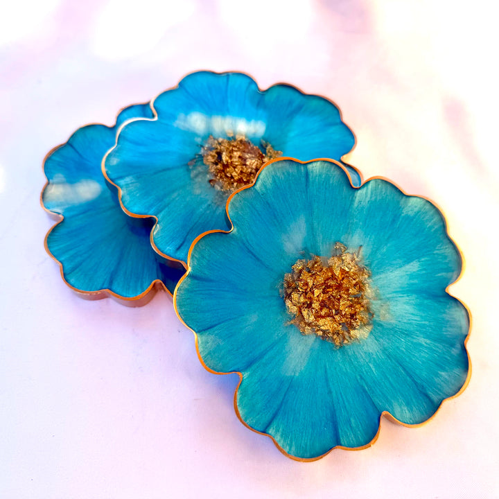Caribbean Cerulean Blue and Gold Flower Shaped Coasters