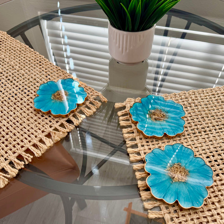 Caribbean Cerulean Blue and Gold Flower Shaped Coasters