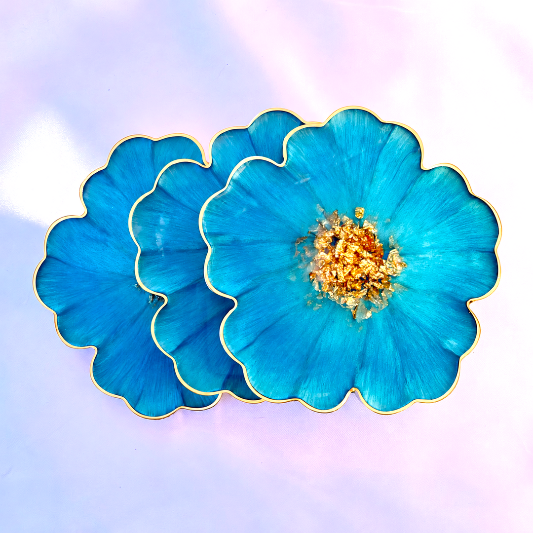 Caribbean Cerulean Blue and Gold Flower Shaped Coasters