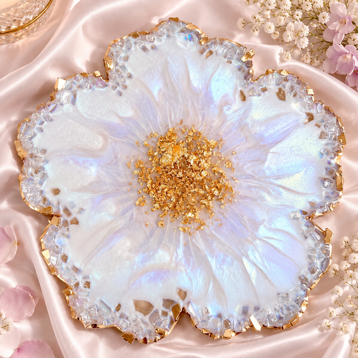 Iridescent White Opal Crushed Glass Flower Tray