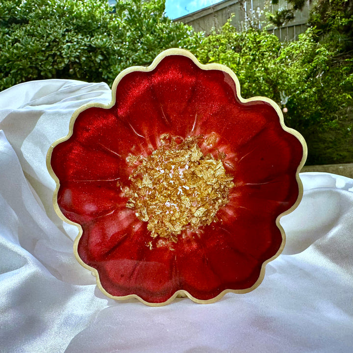 Crimson Cherry Red and Gold Leaf Accented Flower Resin Coasters Set- Jasmin Renee Art