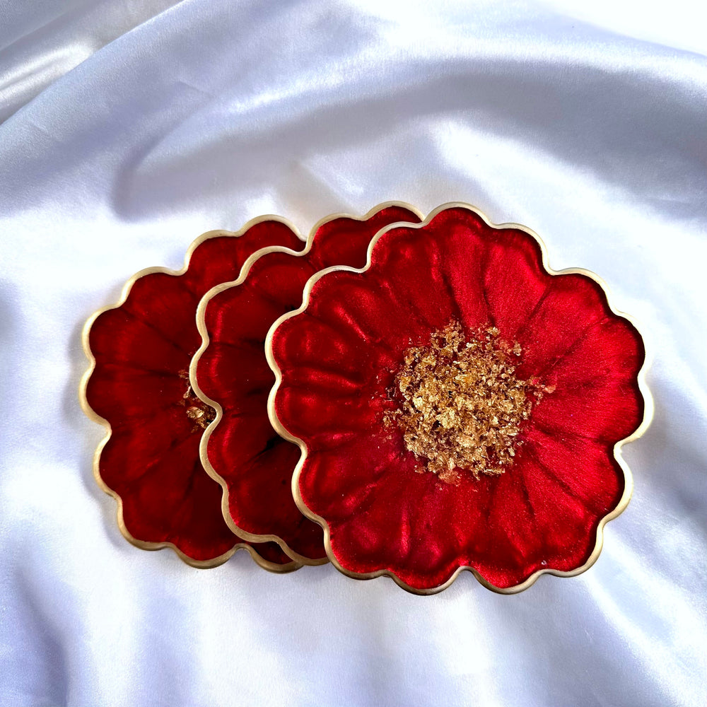 Crimson Cherry Red and Gold Leaf Accented Flower Resin Coasters Set- Jasmin Renee Art 