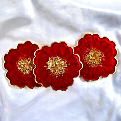 Crimson Cherry Red and Gold Leaf Accented Flower Resin Coasters Set- Jasmin Renee Art 