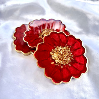 Crimson Cherry Red and Gold Leaf Accented Flower Resin Coasters Set- Jasmin Renee Art