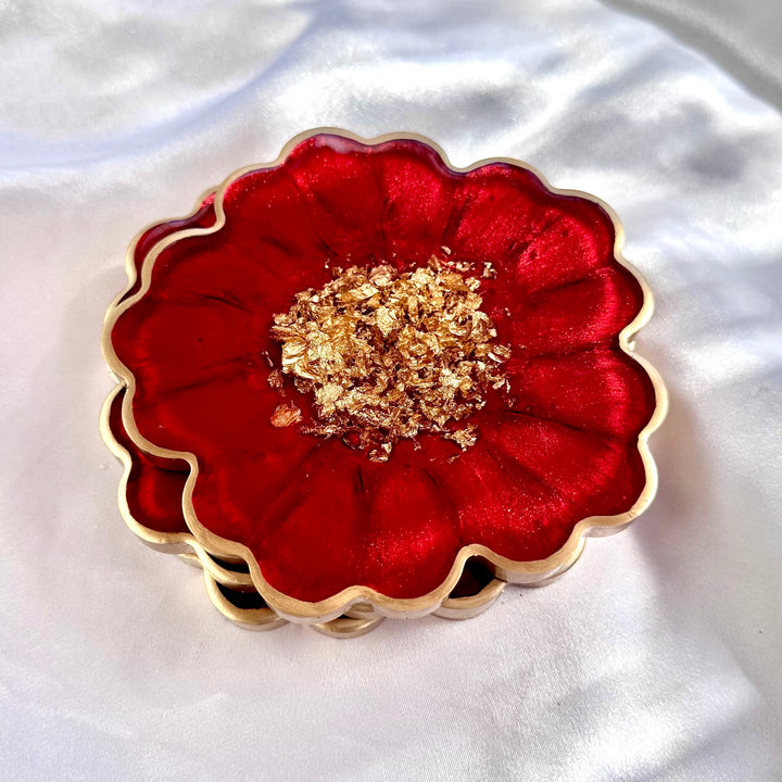 Crimson Cherry Red and Gold Leaf Accented Flower Resin Coasters Set- Jasmin Renee Art