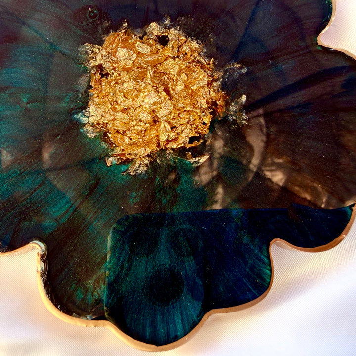 Deep Teal Jade Green and Gold Flower Coasters