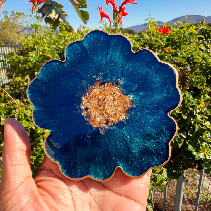 Deep Teal Jade Green and Gold Flower Coasters