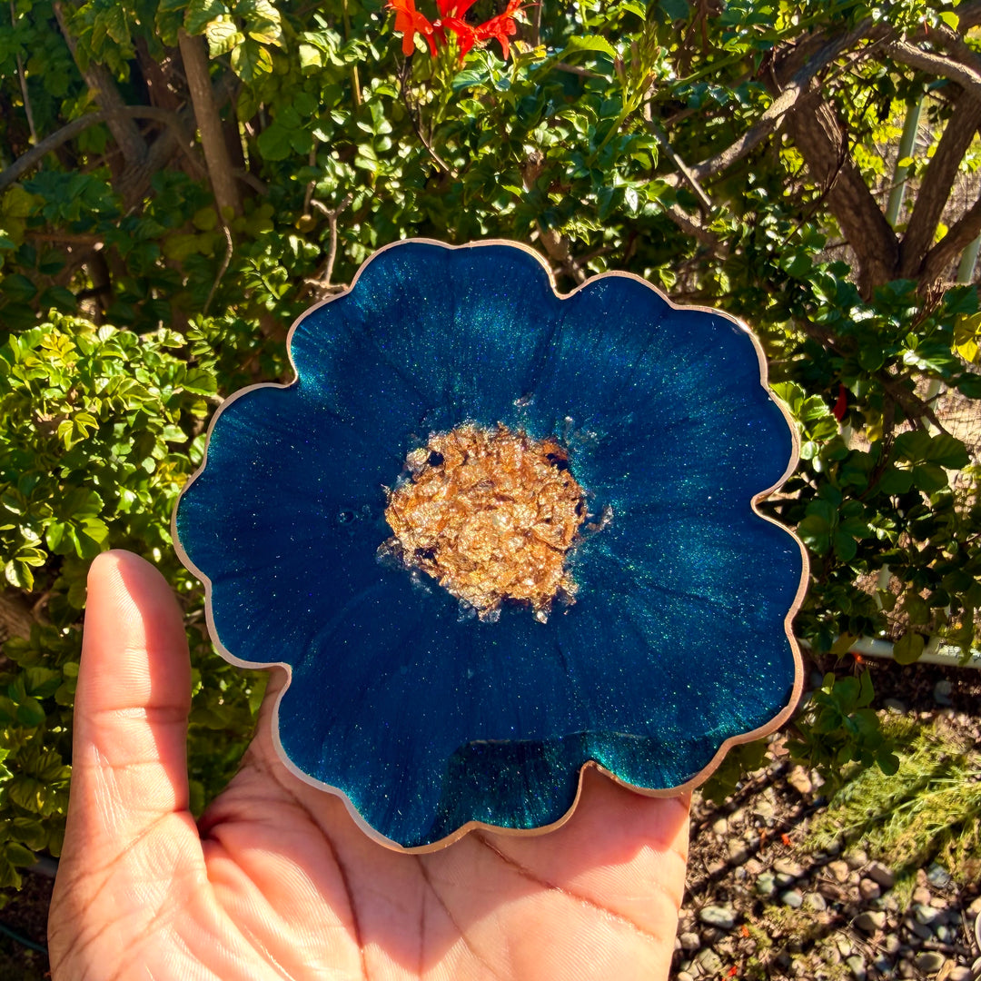 Deep Teal Jade Green and Gold Flower Coasters