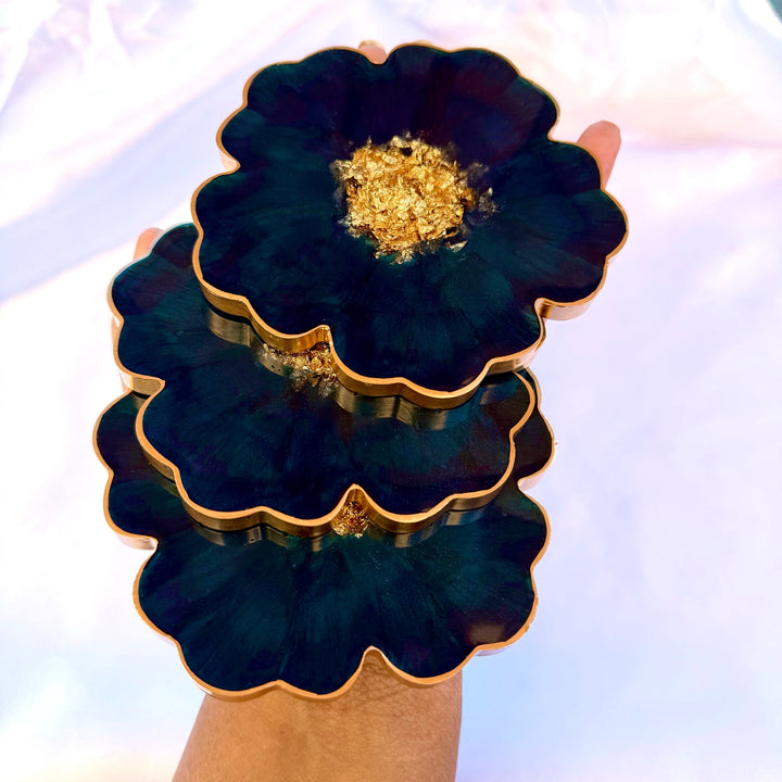 Deep Teal Jade Green and Gold Flower Coasters