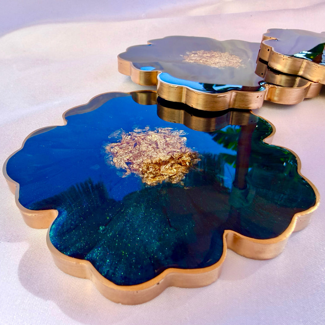 Deep Teal Jade Green and Gold Flower Coasters