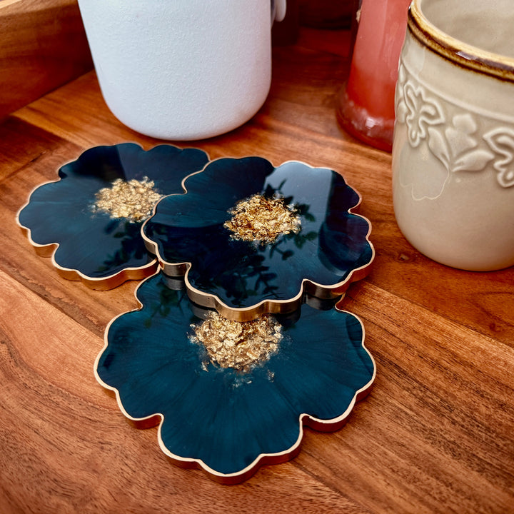 Deep Teal Jade Green and Gold Flower Coasters