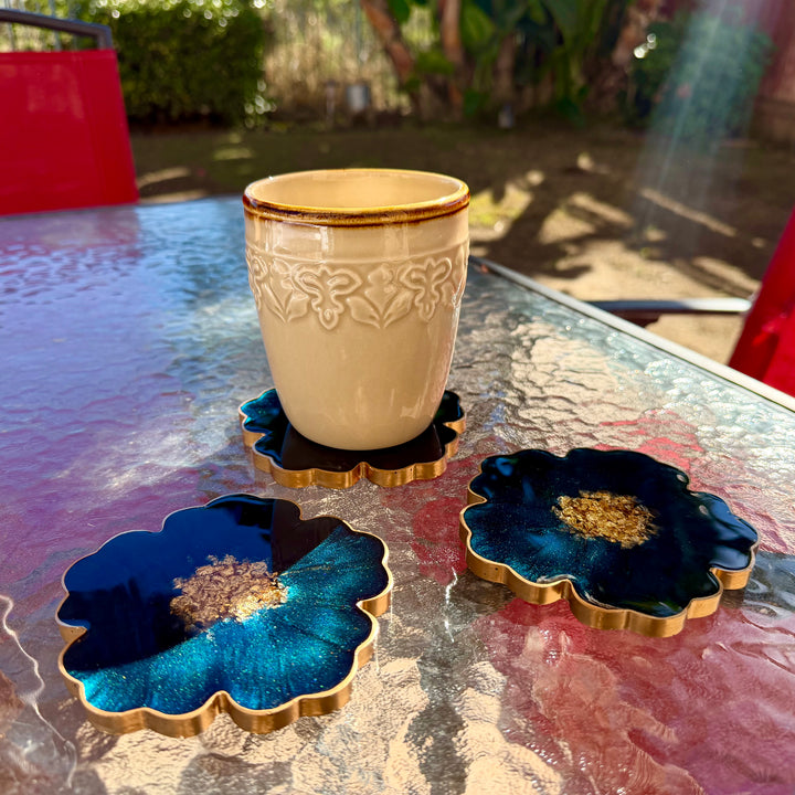 Deep Teal Jade Green and Gold Flower Coasters
