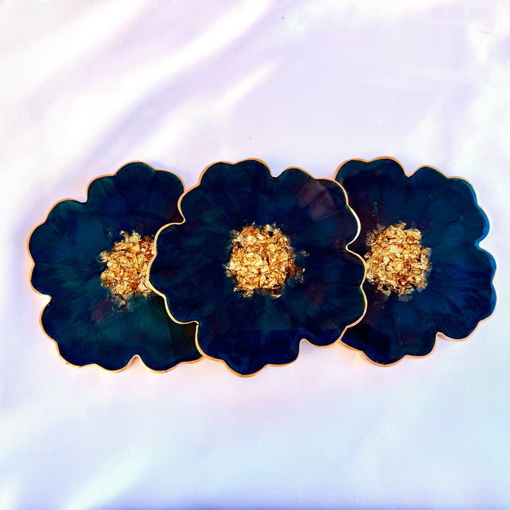 Deep Teal Jade Green and Gold Flower Coasters