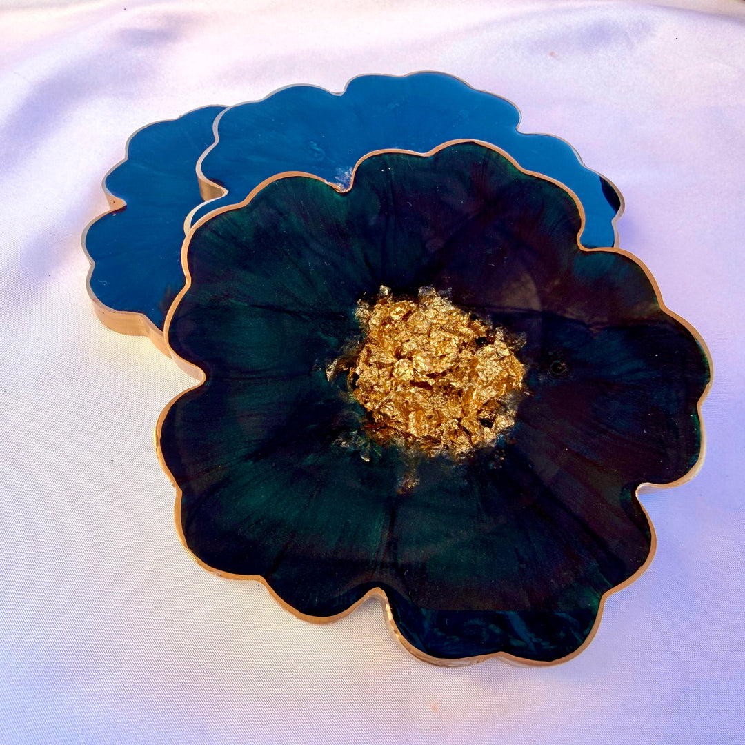 Deep Teal Jade Green and Gold Flower Coasters