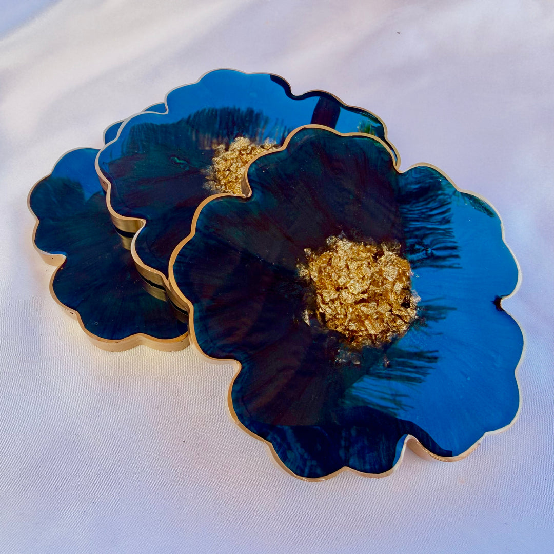 Deep Teal Jade Green and Gold Flower Coasters