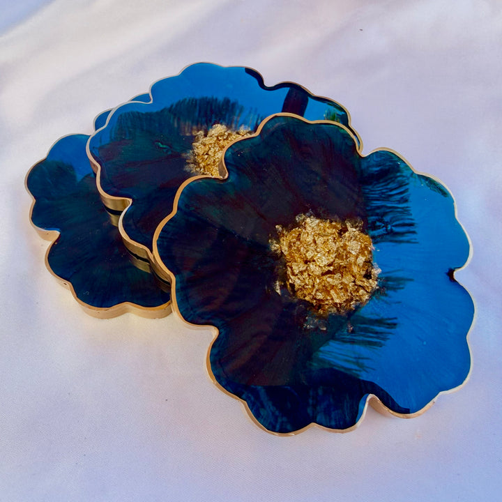 Deep Teal Jade Green and Gold Flower Coasters