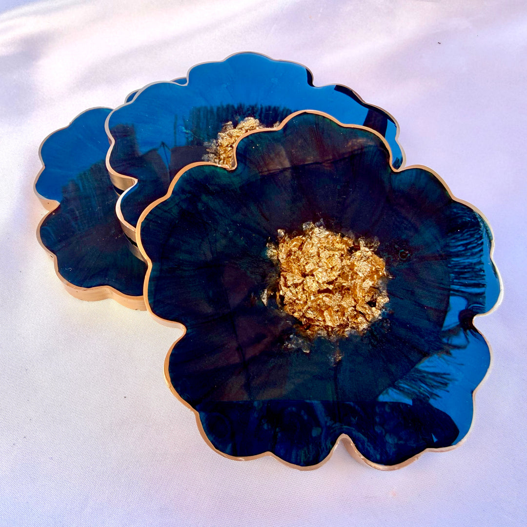 Deep Teal Jade Green and Gold Flower Coasters