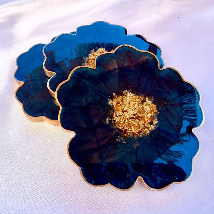 Deep Teal Jade Green and Gold Flower Coasters