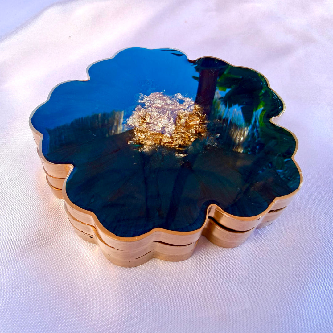 Deep Teal Jade Green and Gold Flower Coasters