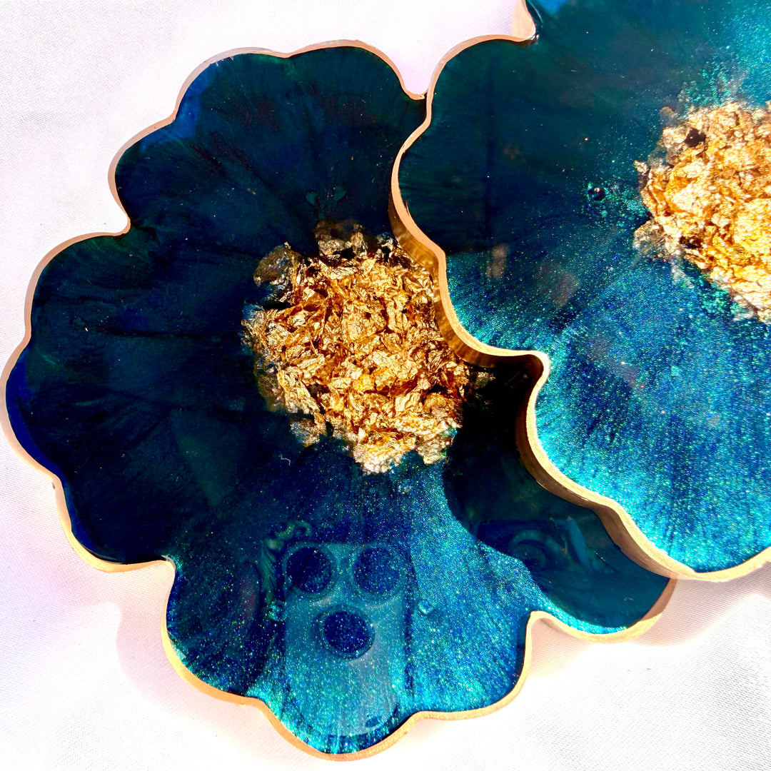 Deep Teal Jade Green and Gold Flower Coasters