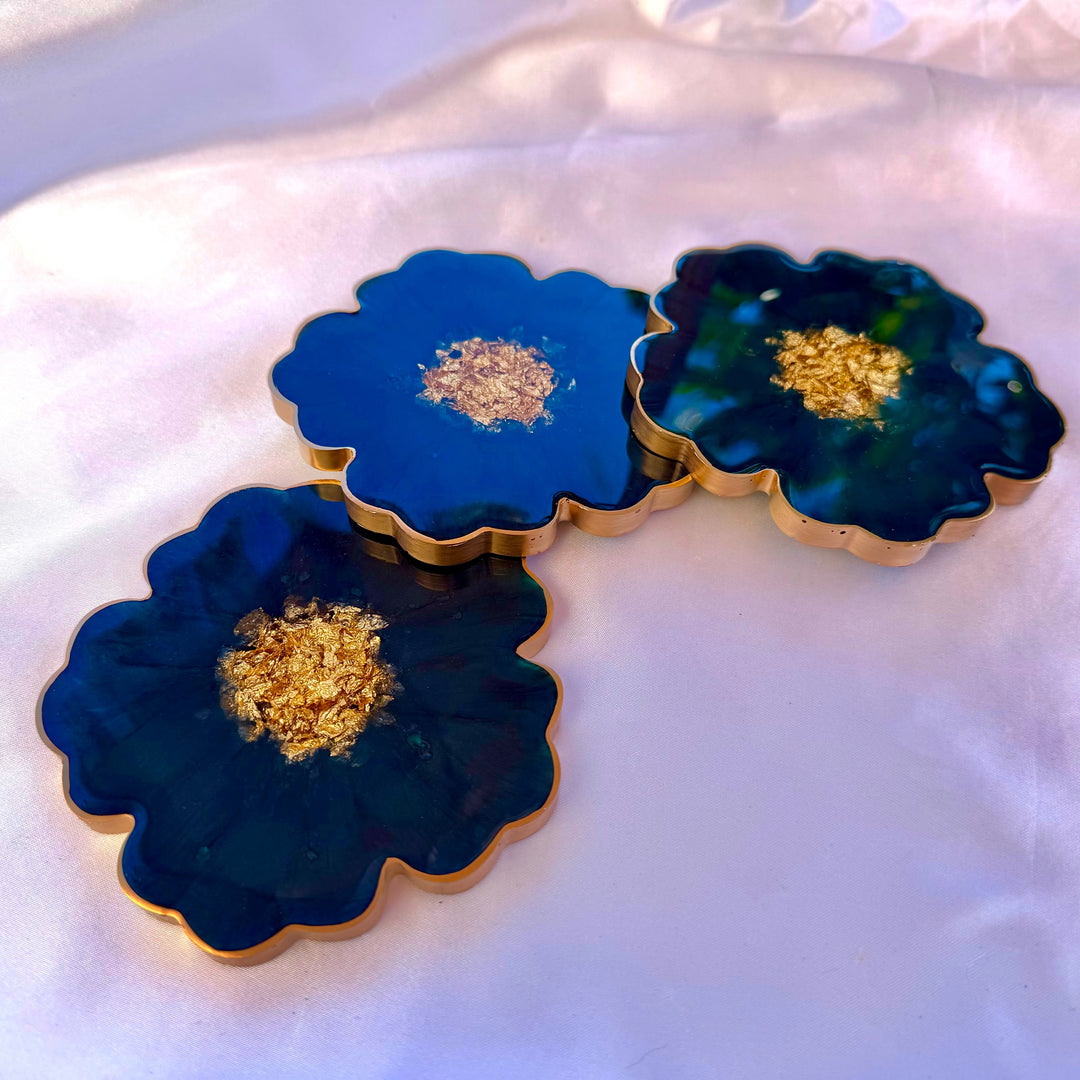 Deep Teal Jade Green and Gold Flower Coasters