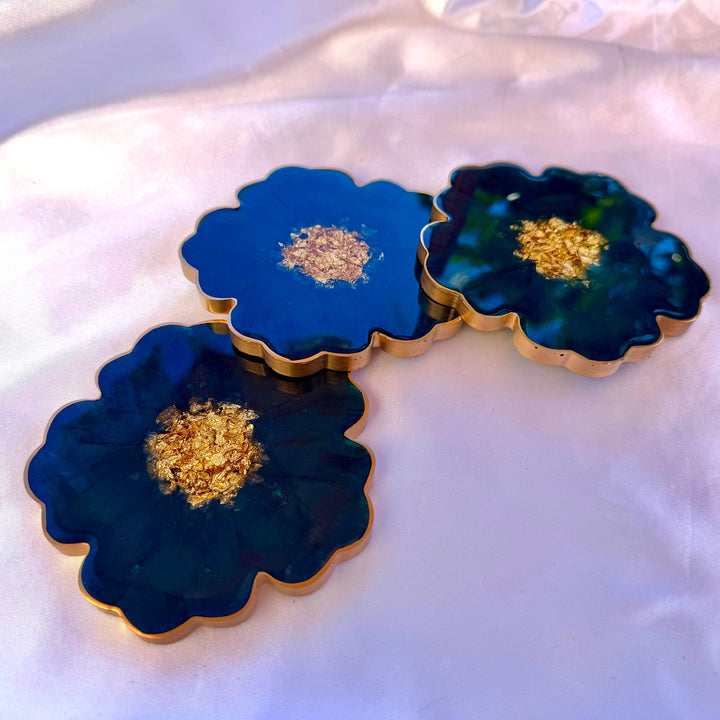 Deep Teal Jade Green and Gold Flower Coasters