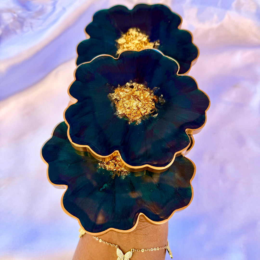 Deep Teal Jade Green and Gold Flower Coasters
