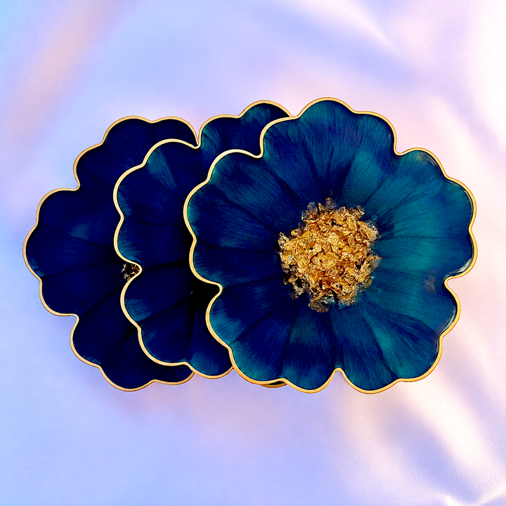 Deep Teal Jade Green and Gold Flower Coasters