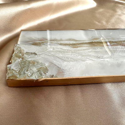 Gold Copper Beige White Cream Faux Marble Glass Accented Resin Tray - Jasmin Renee Art