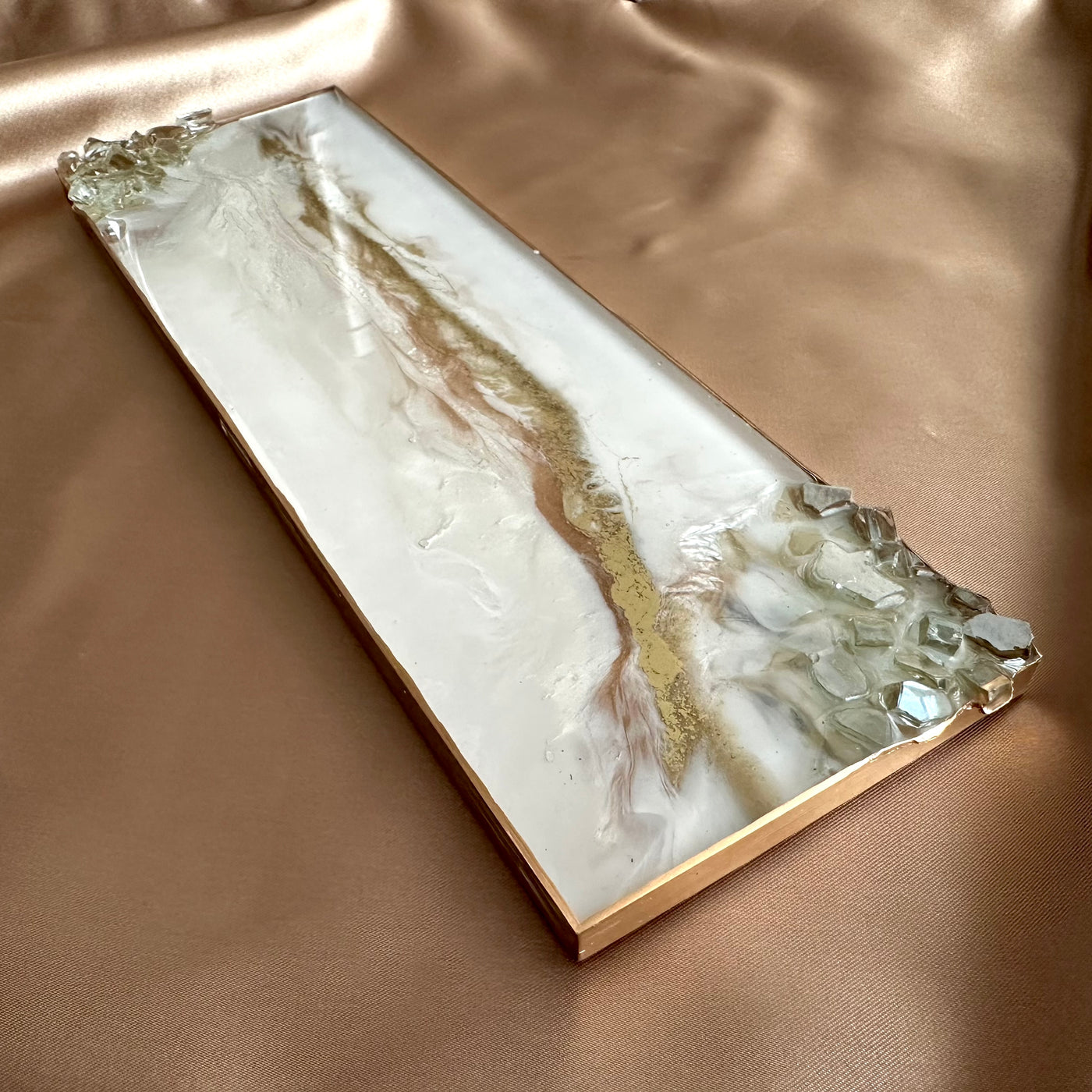 Gold Copper Beige White Cream Faux Marble Glass Accented Resin Tray - Jasmin Renee Art