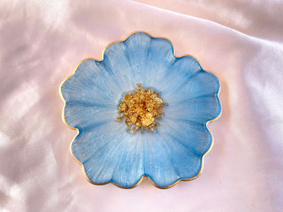 Handmade Baby Sky Blue and Gold Resin Flower Shaped Coasters Set - Jasmin Renee Art - Single Coaster Gold Rim Edges