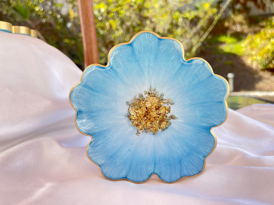 Handmade Baby Sky Blue and Gold Resin Flower Shaped Coasters Set - Jasmin Renee Art - Single Coaster Gold Rim Edges Standing Up