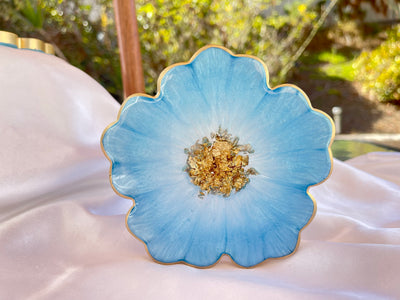 Handmade Baby Sky Blue and Gold Resin Flower Shaped Coasters Set - Jasmin Renee Art - Single Coaster Gold Rim Edges Standing Up